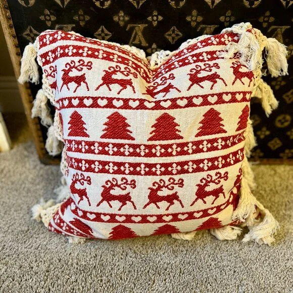 Pair of Christmas Red White Tapestry Pillow Covers Deer, Tree, Hearts - Picture 4 of 6